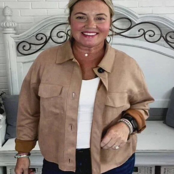 New- Feel Your Best Camel Faux Suede Crop Boxy Fit Jacket -Sizes 1x, 2x & 3x - Picture 1 of 7